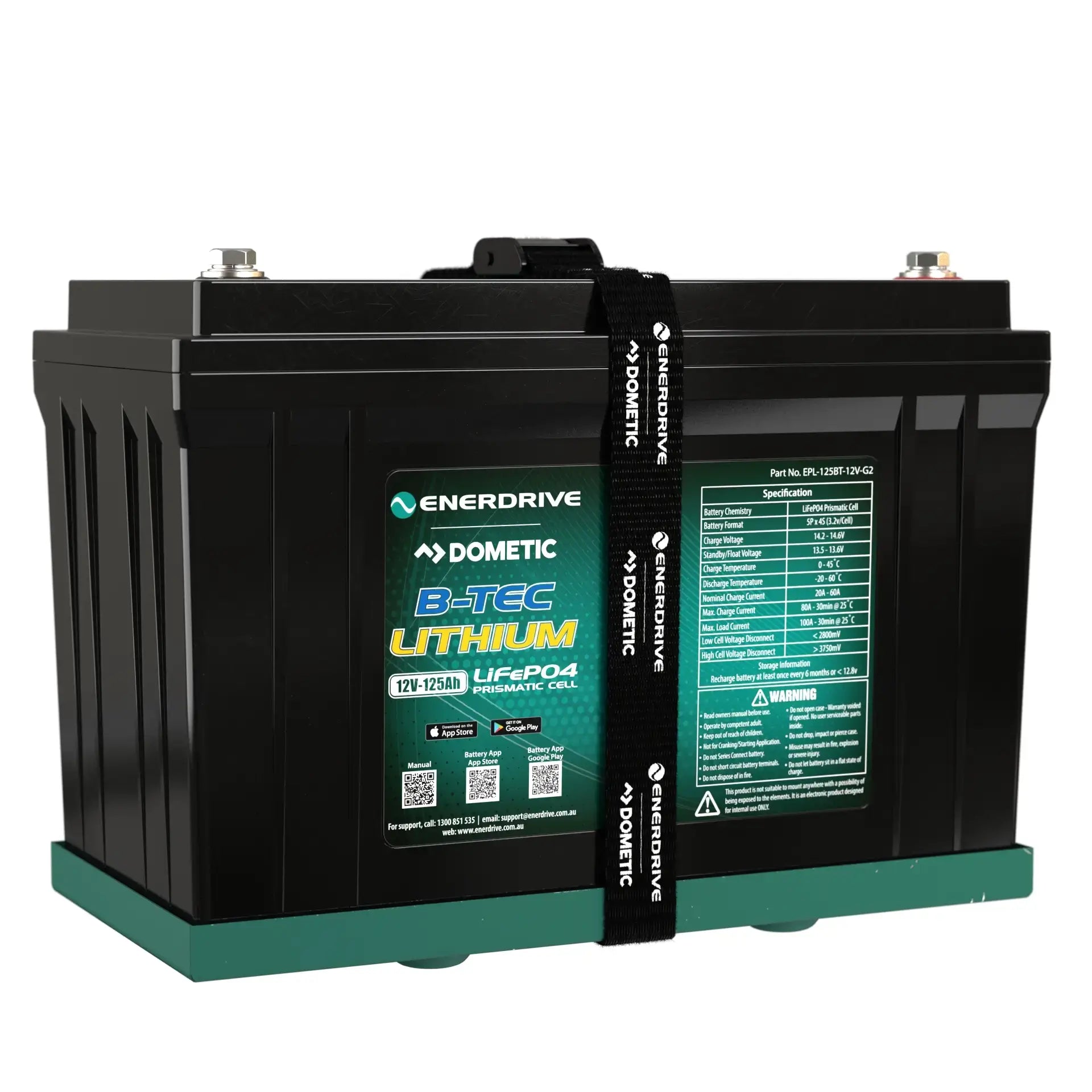 Enerdrive | Dometic B-Tec 12V 125Ah Gen 2 Lithium Battery Slightly Angled on a white background