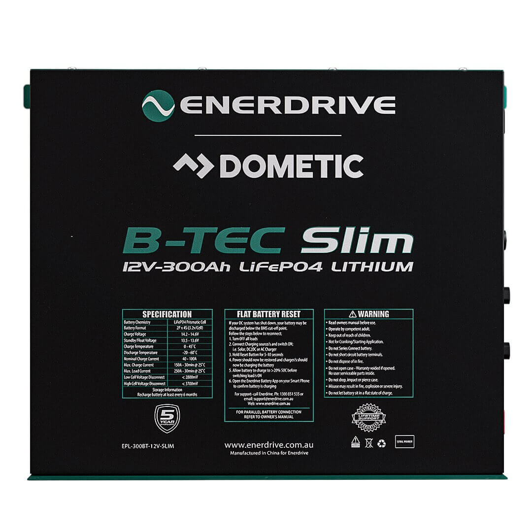 Enerdrive | Dometic B-Tec Slimline 12V 300Ah Lithium Battery Front Photo in a white a background