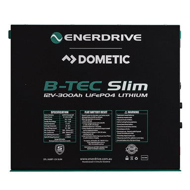 Enerdrive | Dometic B-Tec Slimline 12V 300Ah Lithium Battery Front Photo in a white a background