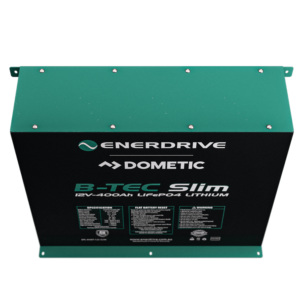 Enerdrive | Dometic B-Tec Slimline 12V 400Ah Lithium Battery Top Angled on a transparent background