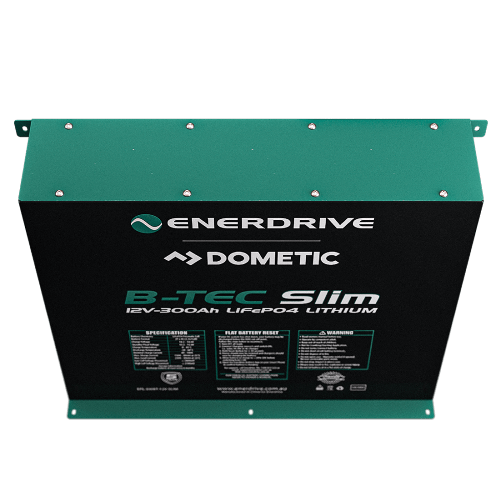 Enerdrive Dometic Slimline 12v 300Ah Battery Top Angled on a transparent background