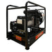 Gentech 9.5kVa e-start generator Backside Angled to the Left on a white background
