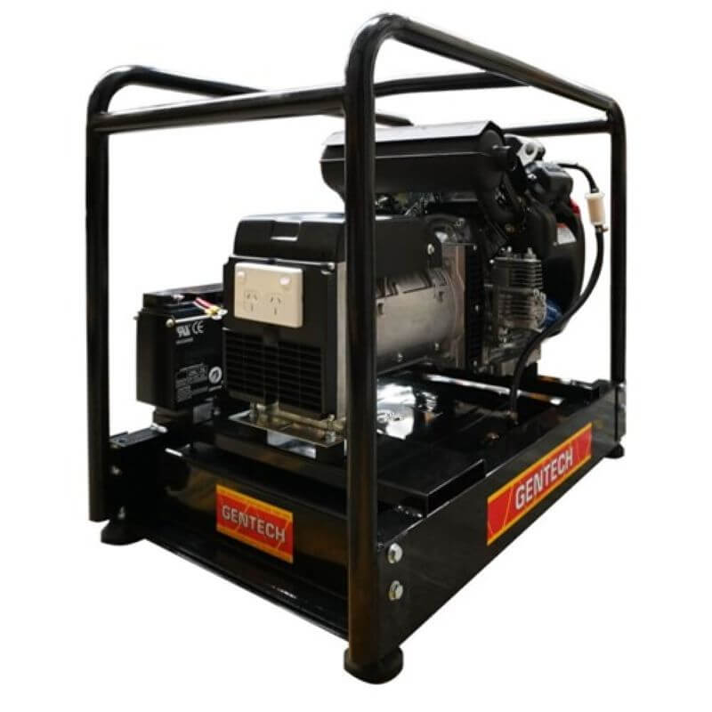 Gentech 9.5kVa e-start generator Backside Angled to the Left on a white background
