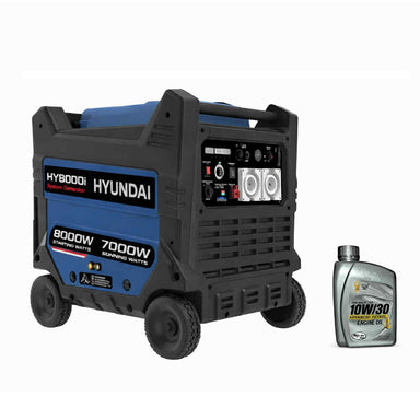 A photo of a Hyundai HY8000i Portable inverter generator with an engine oil cannister beside it.