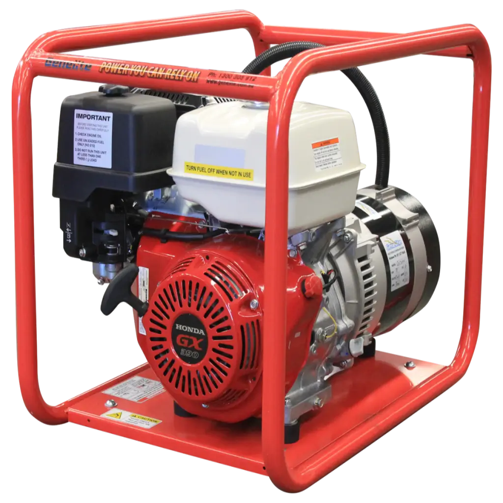 Honda 7.5kVA 3 Phase Generator side front on a transparent background