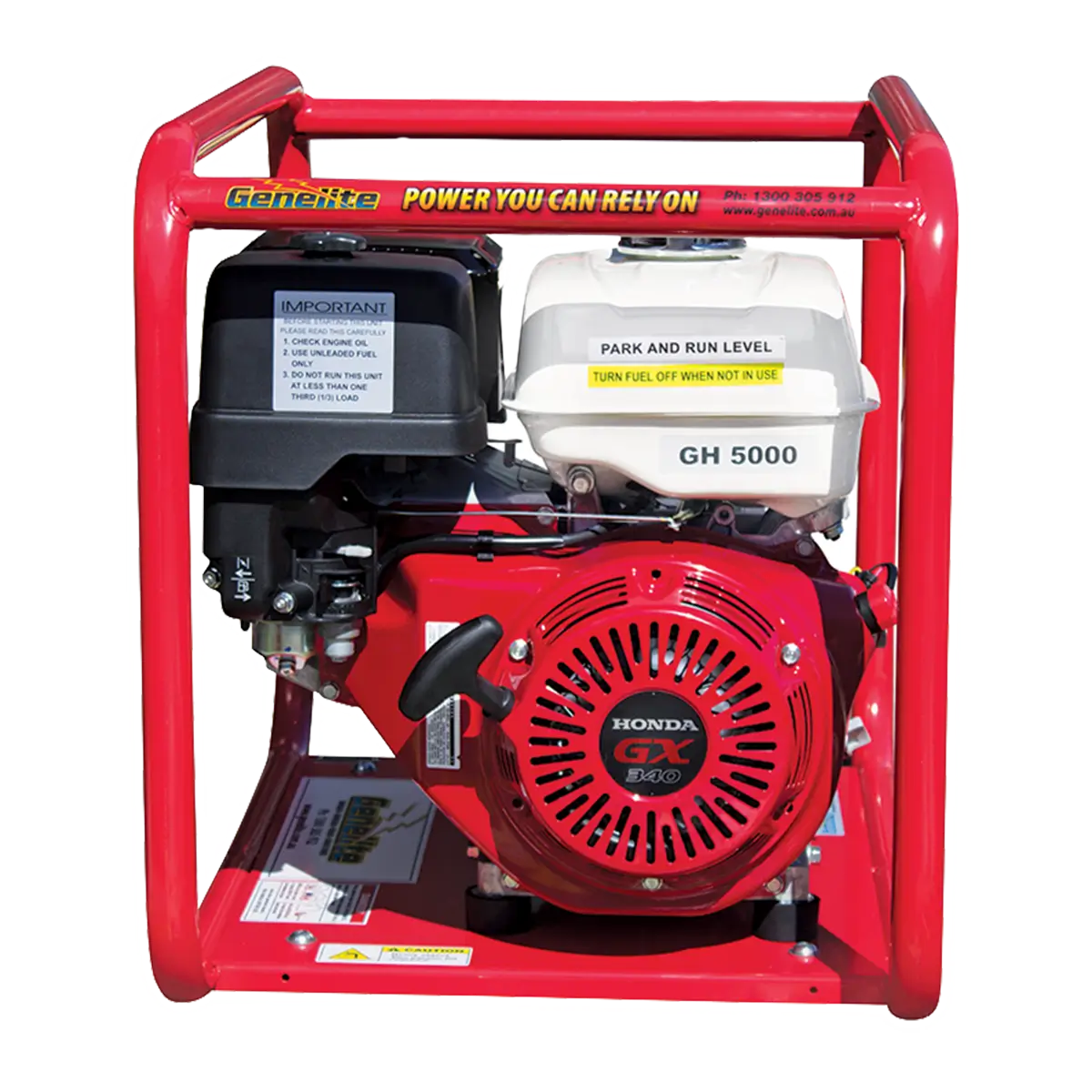 Honda GH5000 6kVA Petrol Generator front on a transparent background
