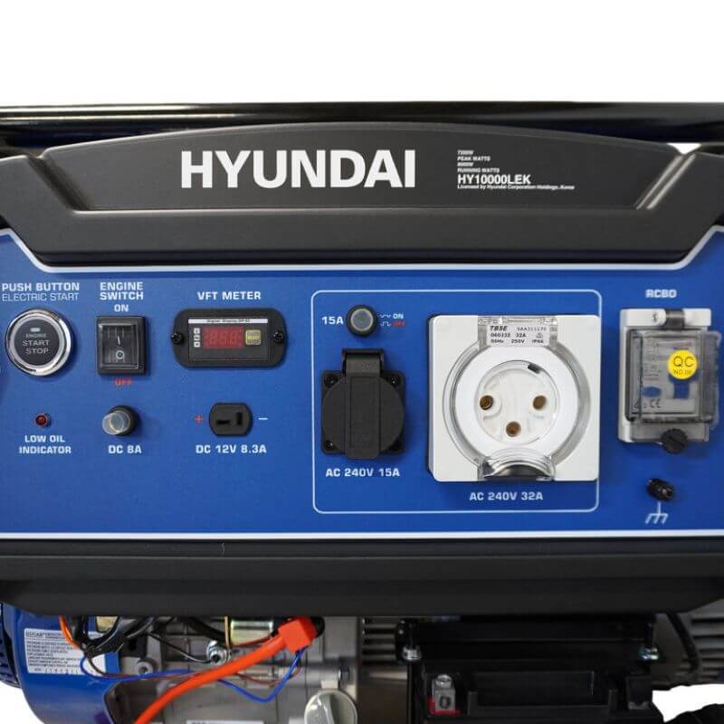 Hyundai 10kVA Petrol Generator controls on a white background