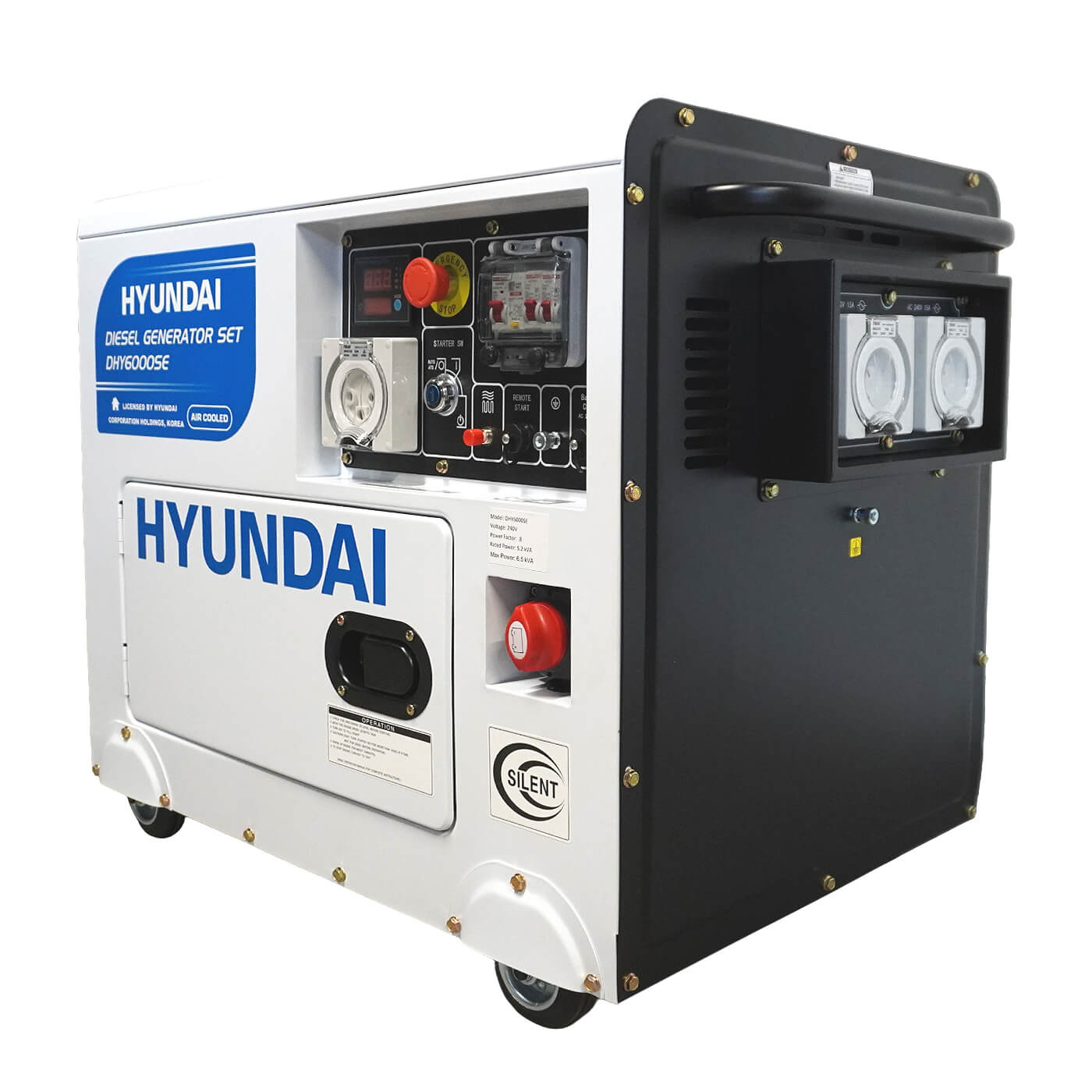 Hyundai 6.5kVA Diesel Generator side and back on a white background
