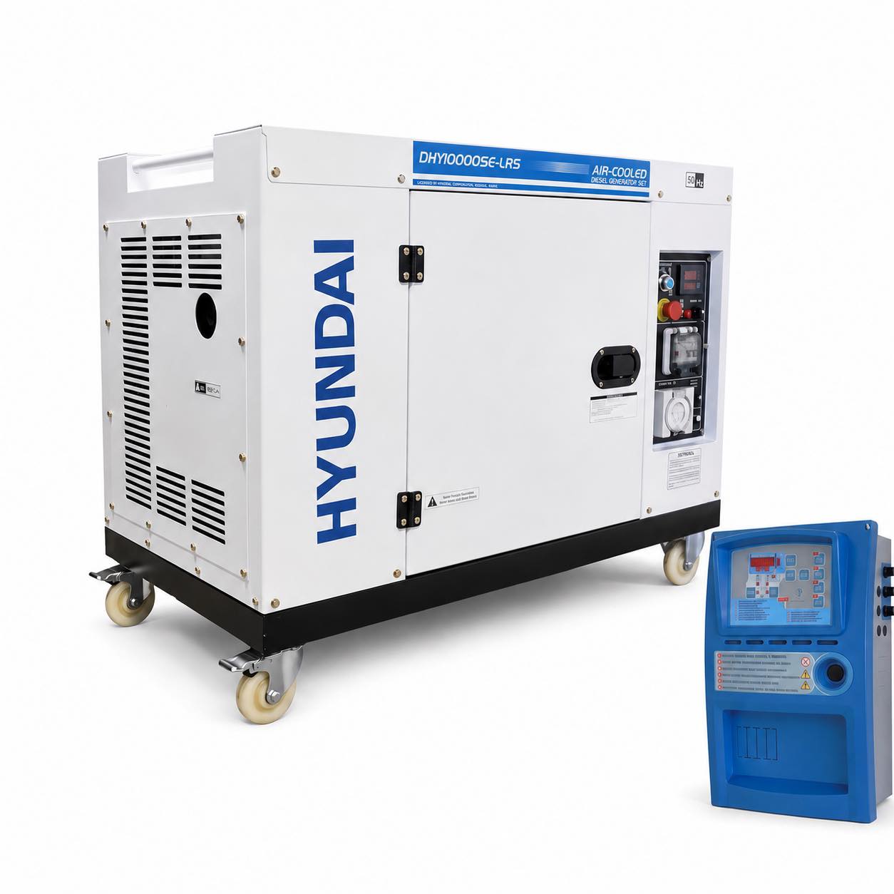A Hyundai DHY10000SE-LRS Diesel Generator With an ATS module in the bottom right hand corner.
