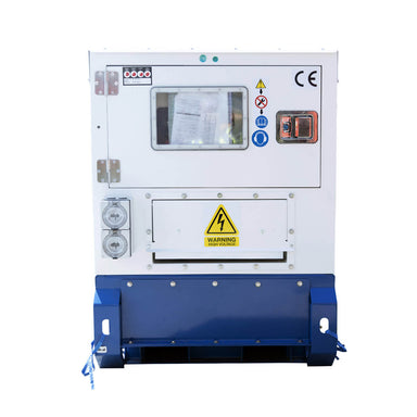Hyundai DHY14KSE 3 Phase Generator back with a warning sign