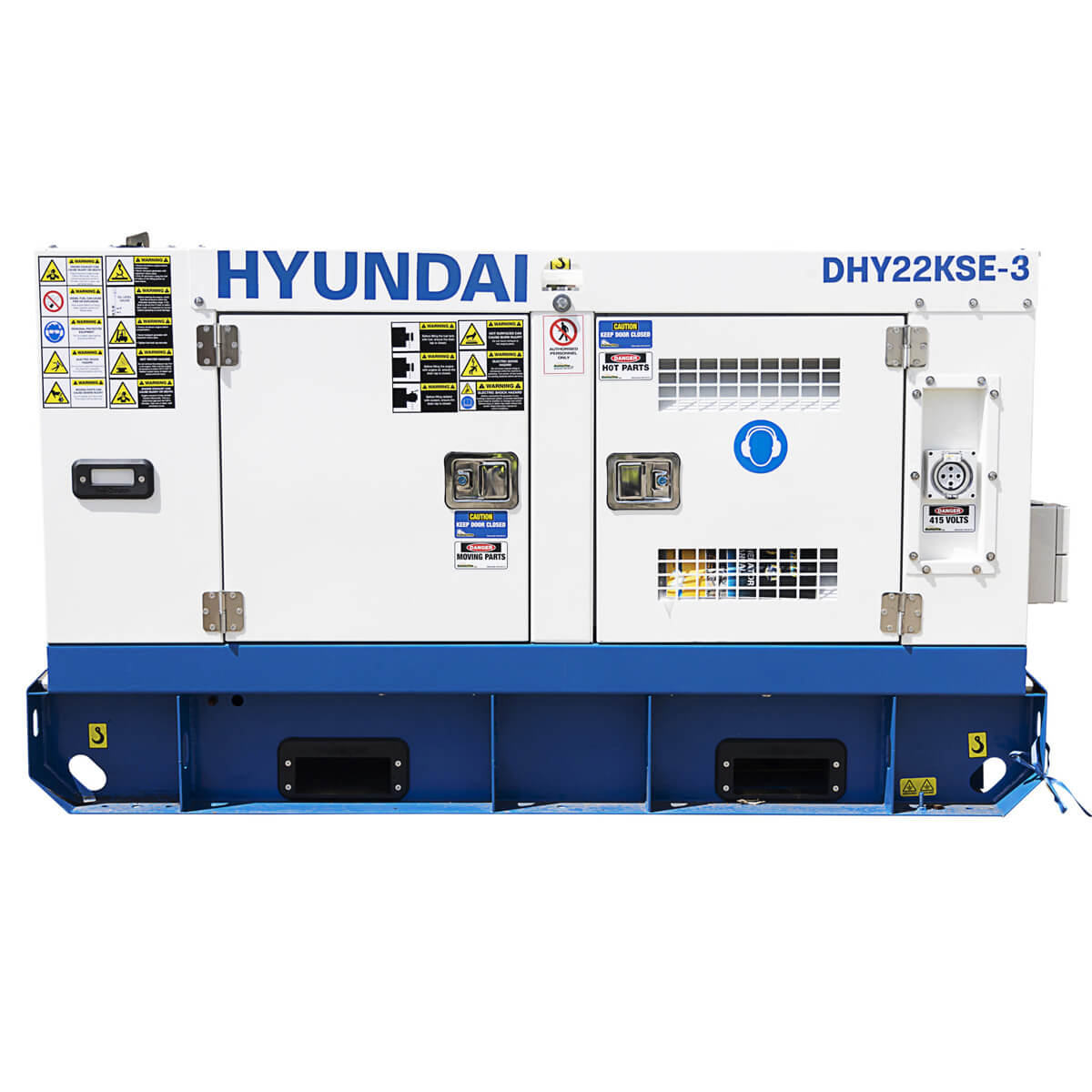 Hyundai DHY22KSE 22kVA 3 Phase Diesel Generator front on a white background