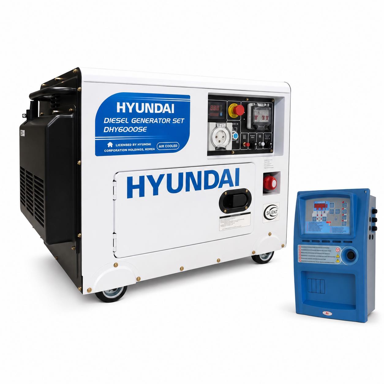 Hyundai DHY6000SE Diesel Generator With an ATS attached in the bottom corner