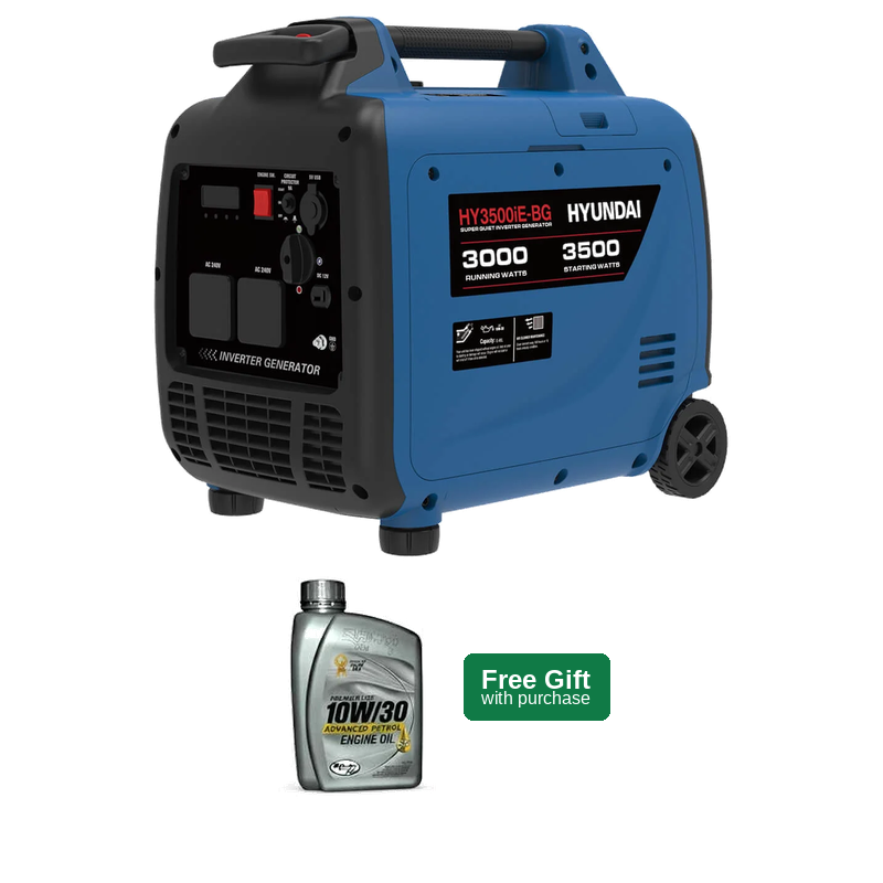Hyundai HY3500E-BS 3000/3500 portable inverter generator in blue and black, shown with a bottle of Hyundai 10W/30 Engine Oil and a green 'Free Gift with purchase' badge on a white background.