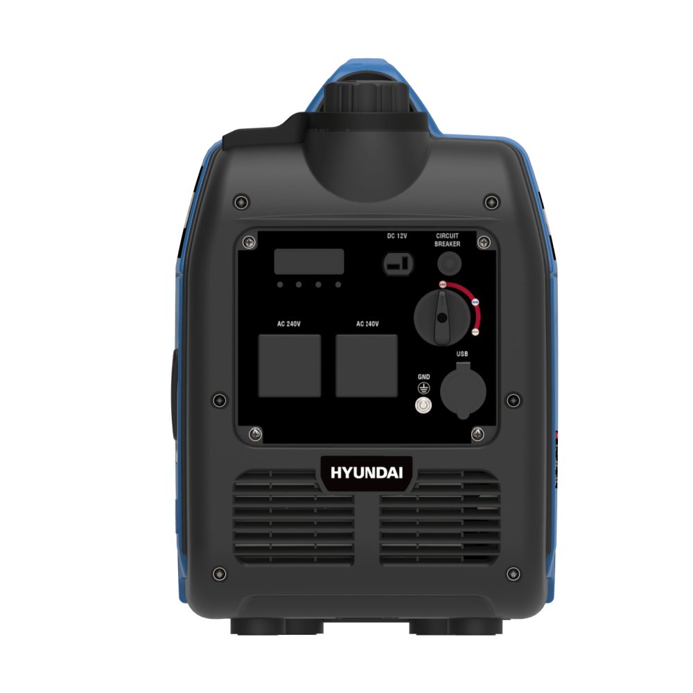 A photo of the back of a Hyundai HY3500i 3500w Inverter Generator with a white background.