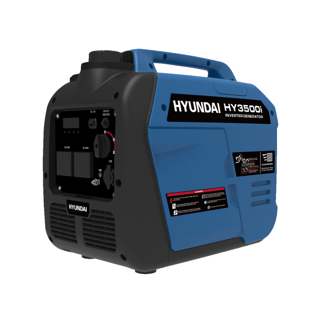 A photo of a Hyundai HY3500i 3500w Inverter Generator sitting on a slight right hand side angle with a white background.
