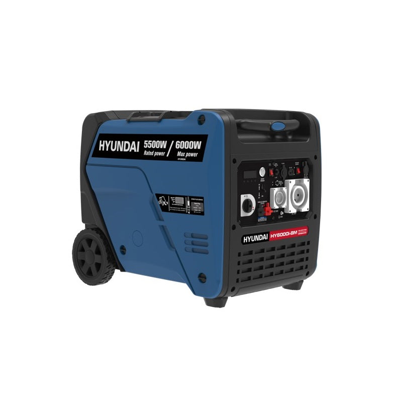 A photo of a Hyundai HY6000i 6000w portable inverter generator sitting slightly side on with a white background.