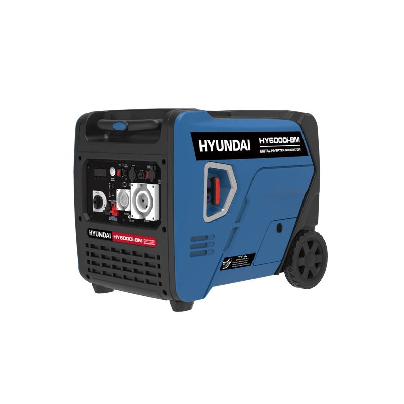 A photo of a Hyundai HY6000i 6000w portable inverter generator sitting slightly side on with a white background.