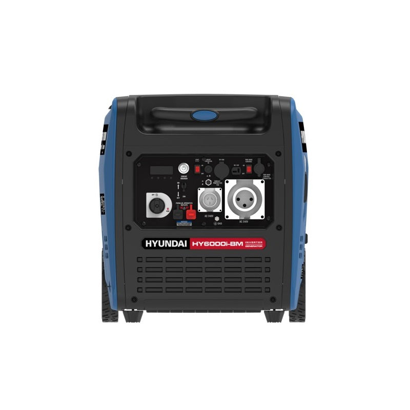 A photo of the back of a Hyundai HY6000i 6000w portable inverter generator with a white background.