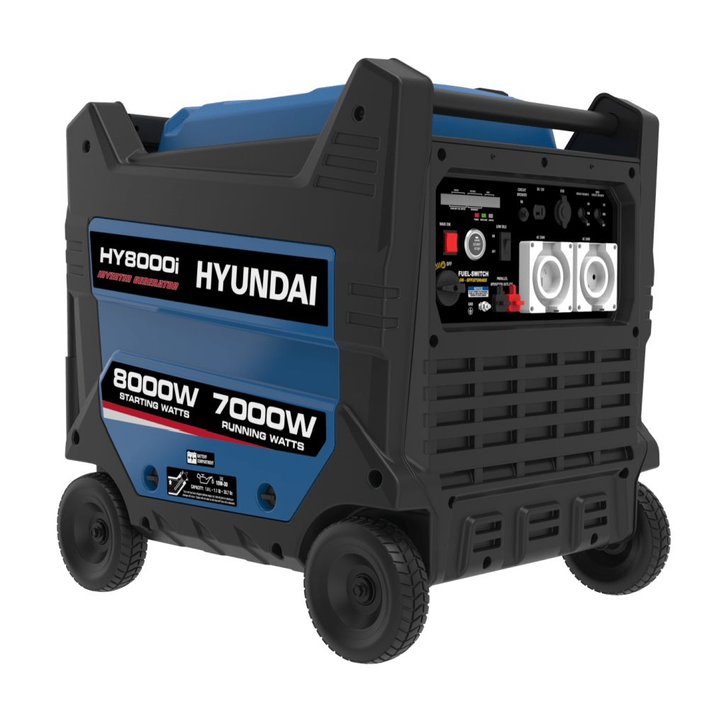 A photo showing a Hyundai HY8000i 8000w inverter generator on a slight right side angle with a white background.