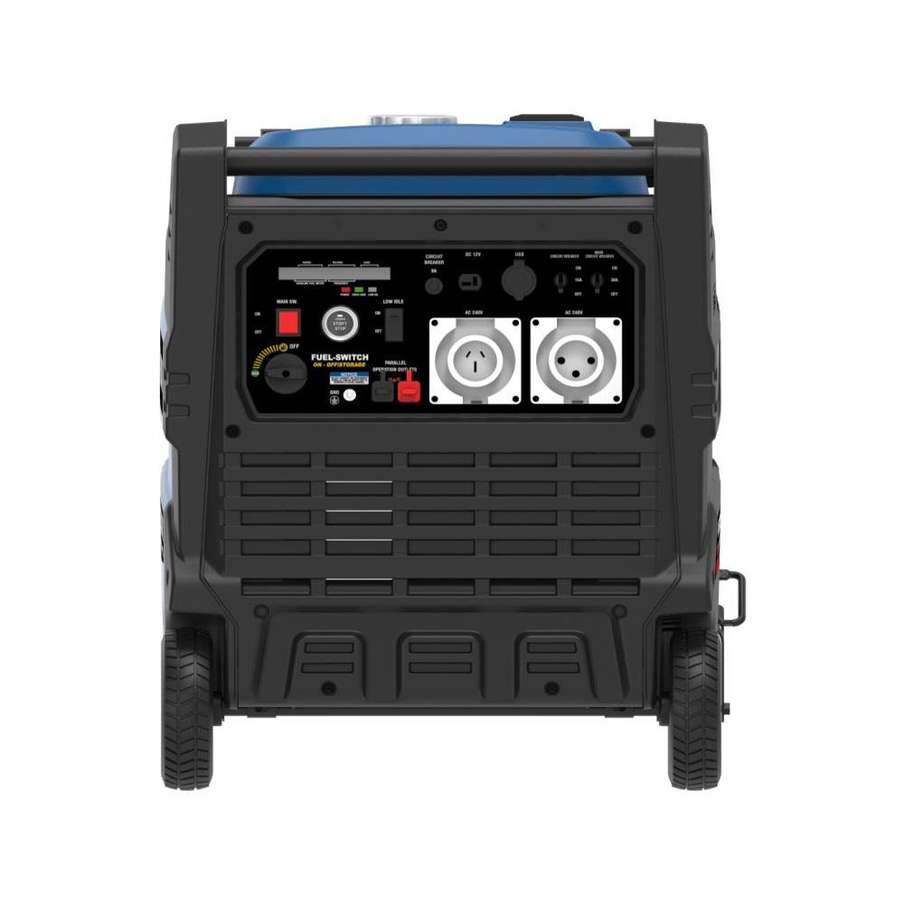A photo showing the back of a Hyundai HY8000i 8000w inverter generator with a white background.