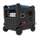 A photo showing a Hyundai HY8000i 8000w inverter generator on a slightly left side angle with a white background.