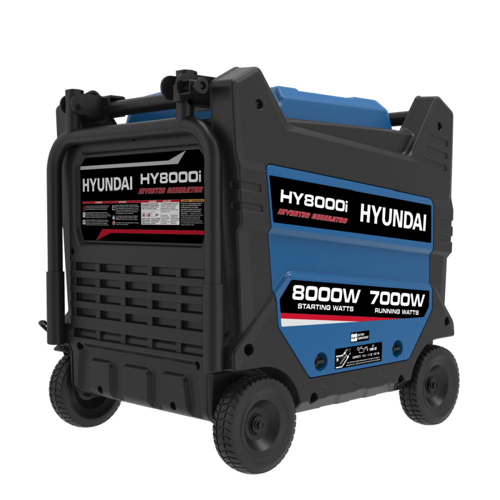 A photo showing a Hyundai HY8000i 8000w inverter generator on a slightly right side angle with a white background.