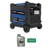 Hyundai HY8000i 8000W inverter generator in black and blue, shown with a bottle of Hyundai 10W/30 motor oil and a green 'Free Gift with purchase' badge on a white background.