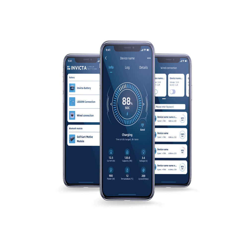 Invicta Xero 12V Battery Legion App Mock Up on a white background