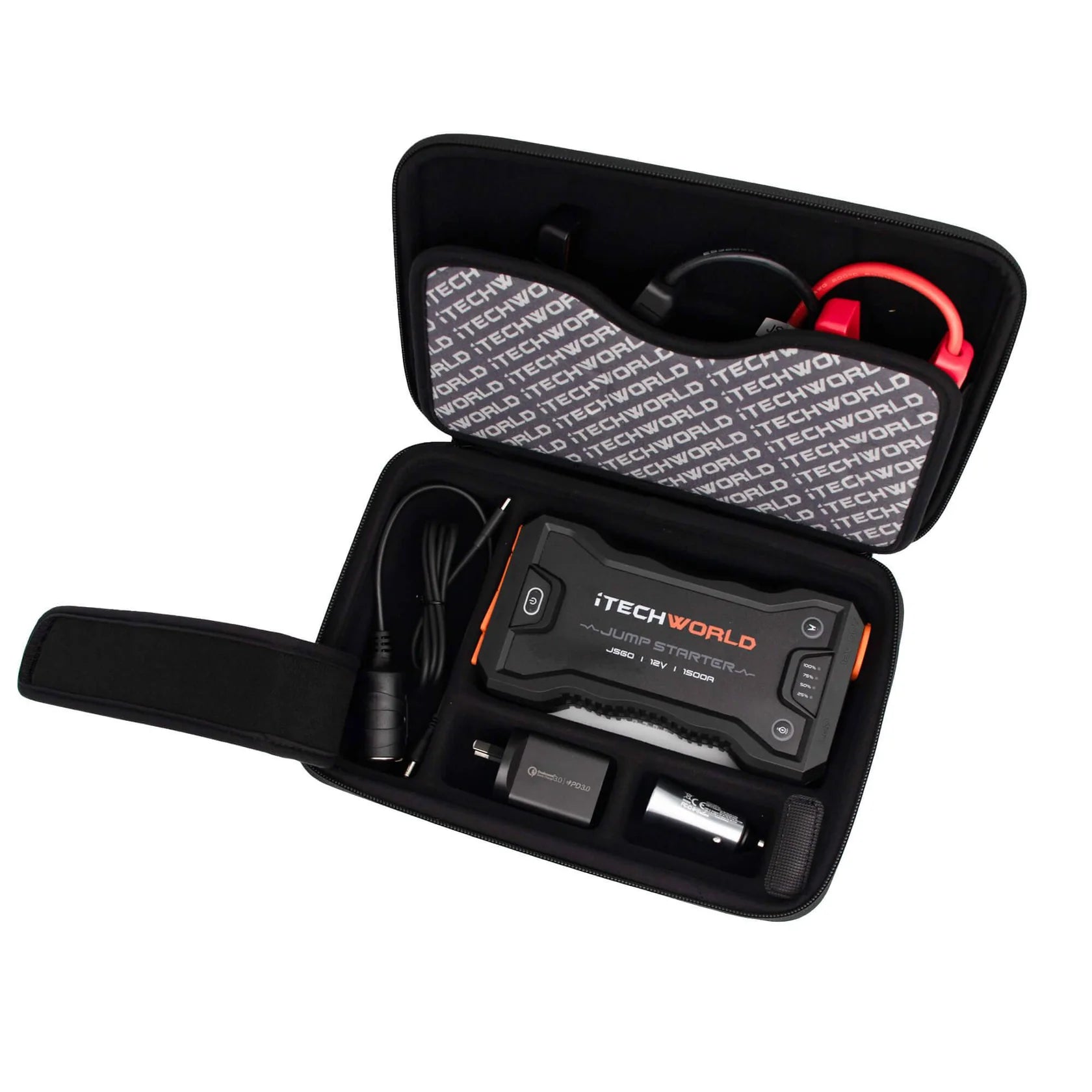 JS60 Jump Starter with case and accessories on a white background