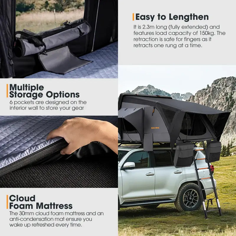 in the photo a Jervis Roof Top Tent features multiple storage