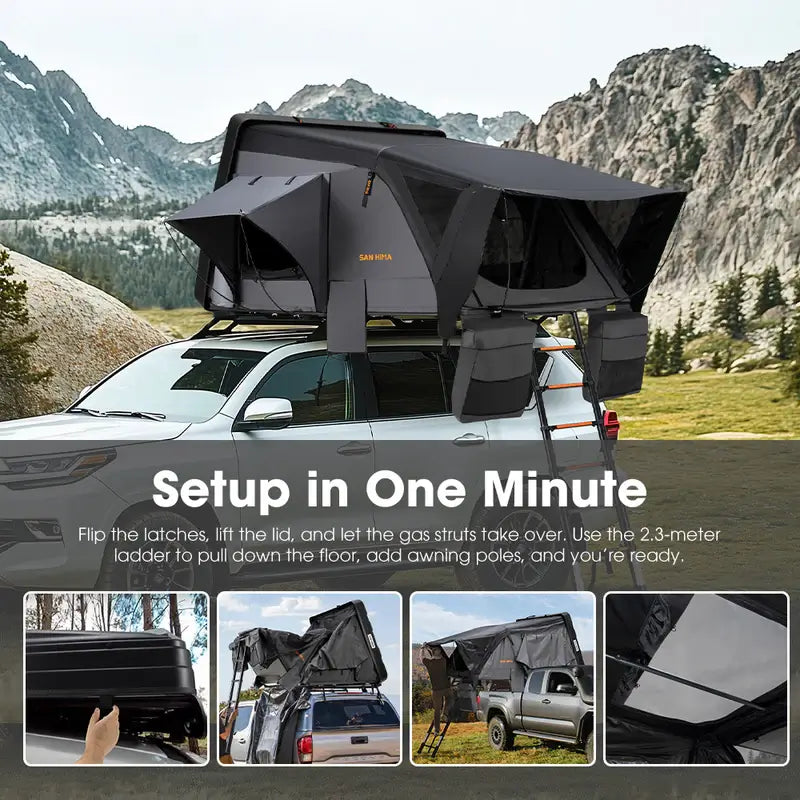 Jervis Roof Top Tent set up in one minute on an infograph