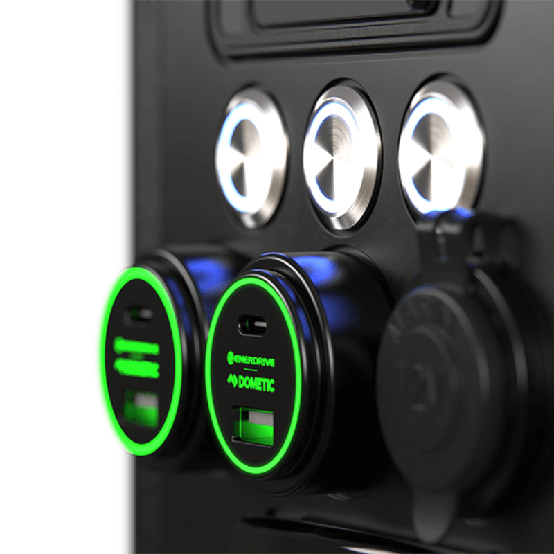 Journeyman Power System buttons on a black surface