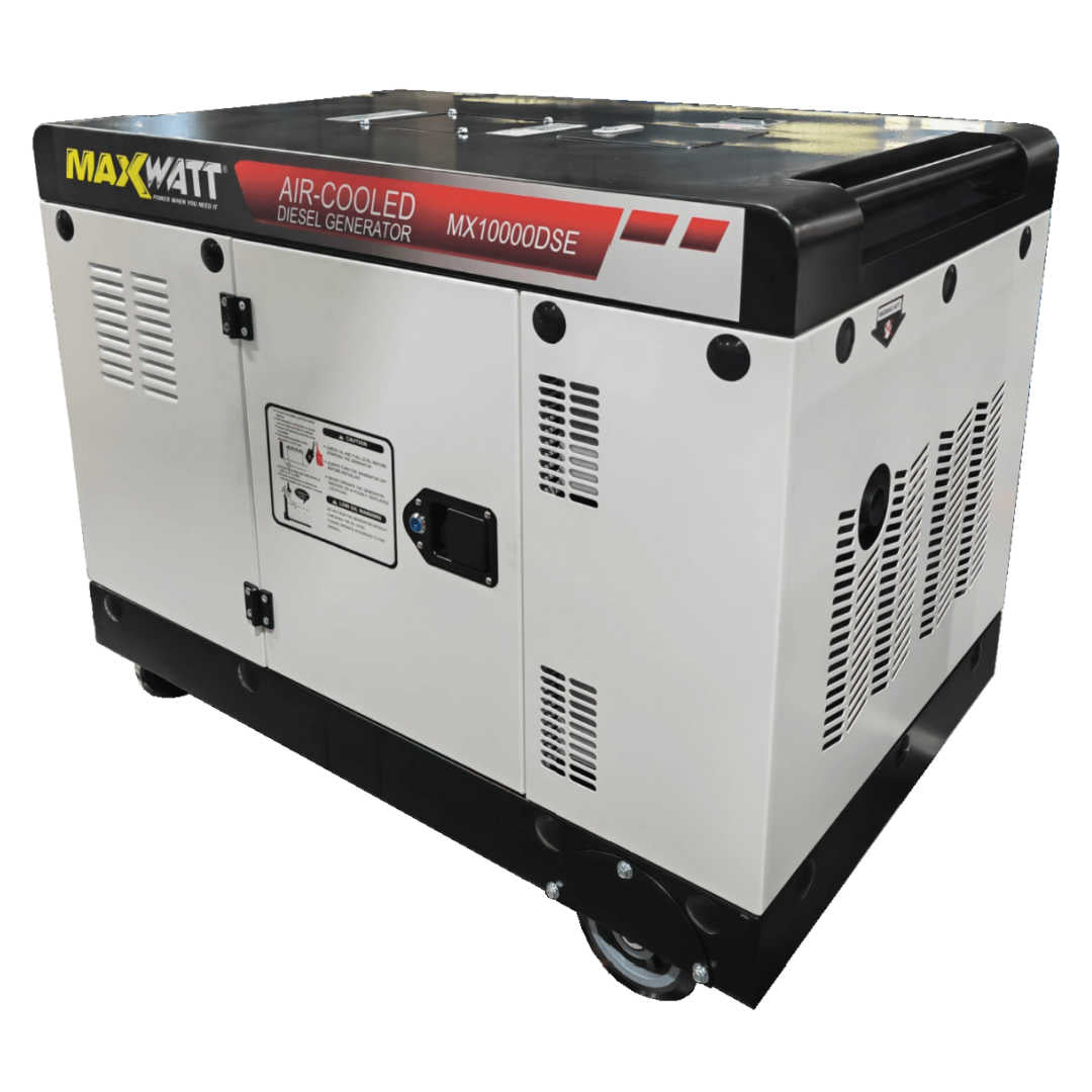 Maxwatt 10kVA Air Cooled Diesel Generator angled to the right on a white background