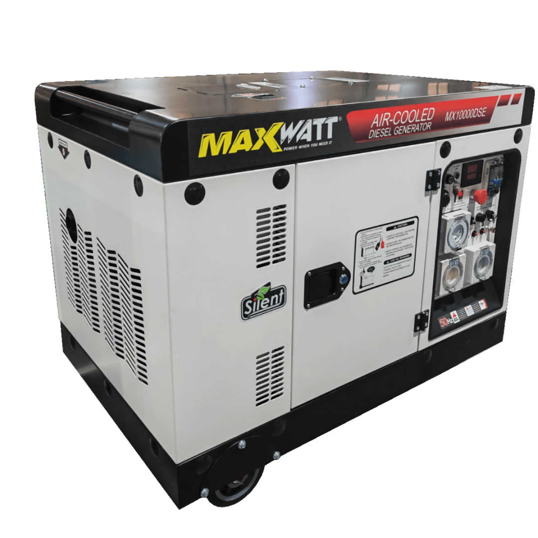 Maxwatt 10kVA Electric Start Diesel Generator slightly angled on a white background