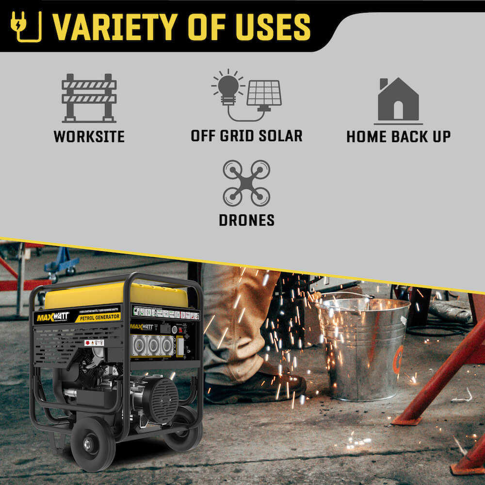 Maxwatt 11000W Petrol Generator variety of uses on an  infographic