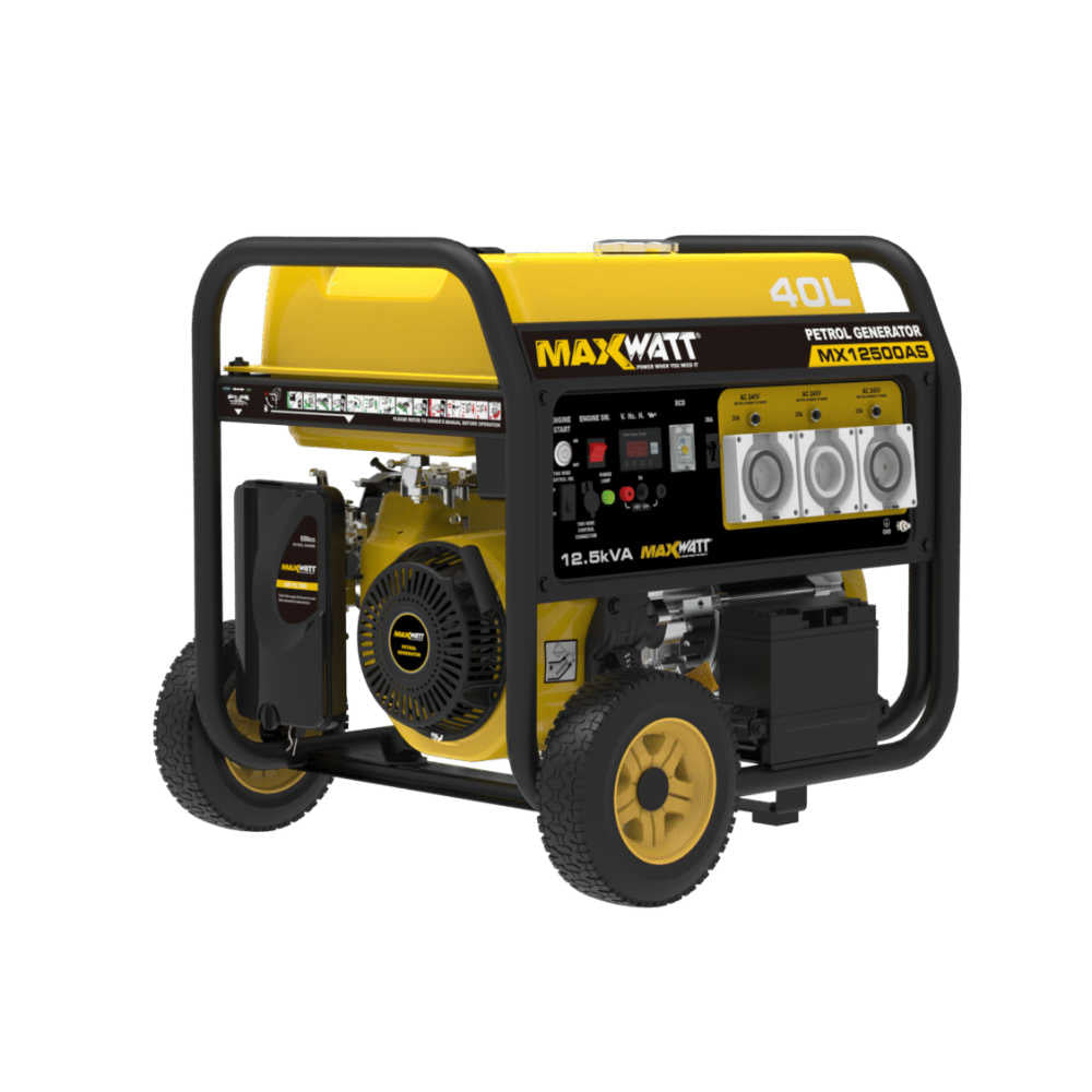 Maxwatt 12.5 kVA Open Frame Petrol Generator slightly angled to the righ on a white background