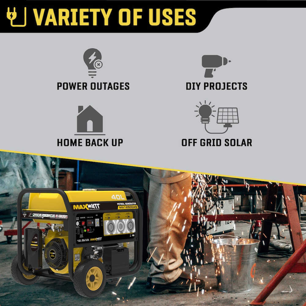 maxwatt 12.5 kVA Open Frame Petrol Generator variety of uses infographic