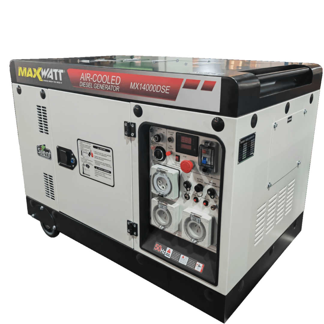 Maxwatt 13kVA Air Cooled Diesel Generator angled to the left on a white background