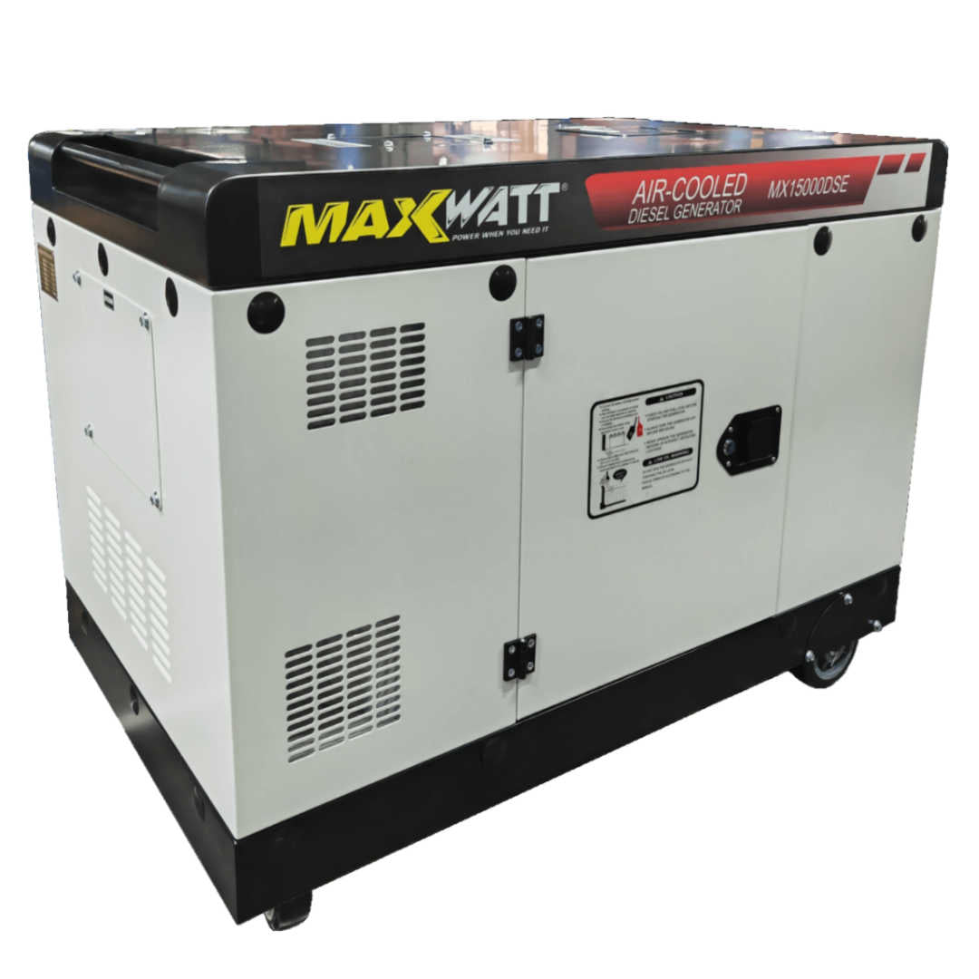 Maxwatt 15kVA Air Cooled Diesel Generator angled to the right on a white background