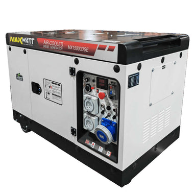 Maxwatt 15kVA Electric Start Diesel Generator slightly angled on a white background