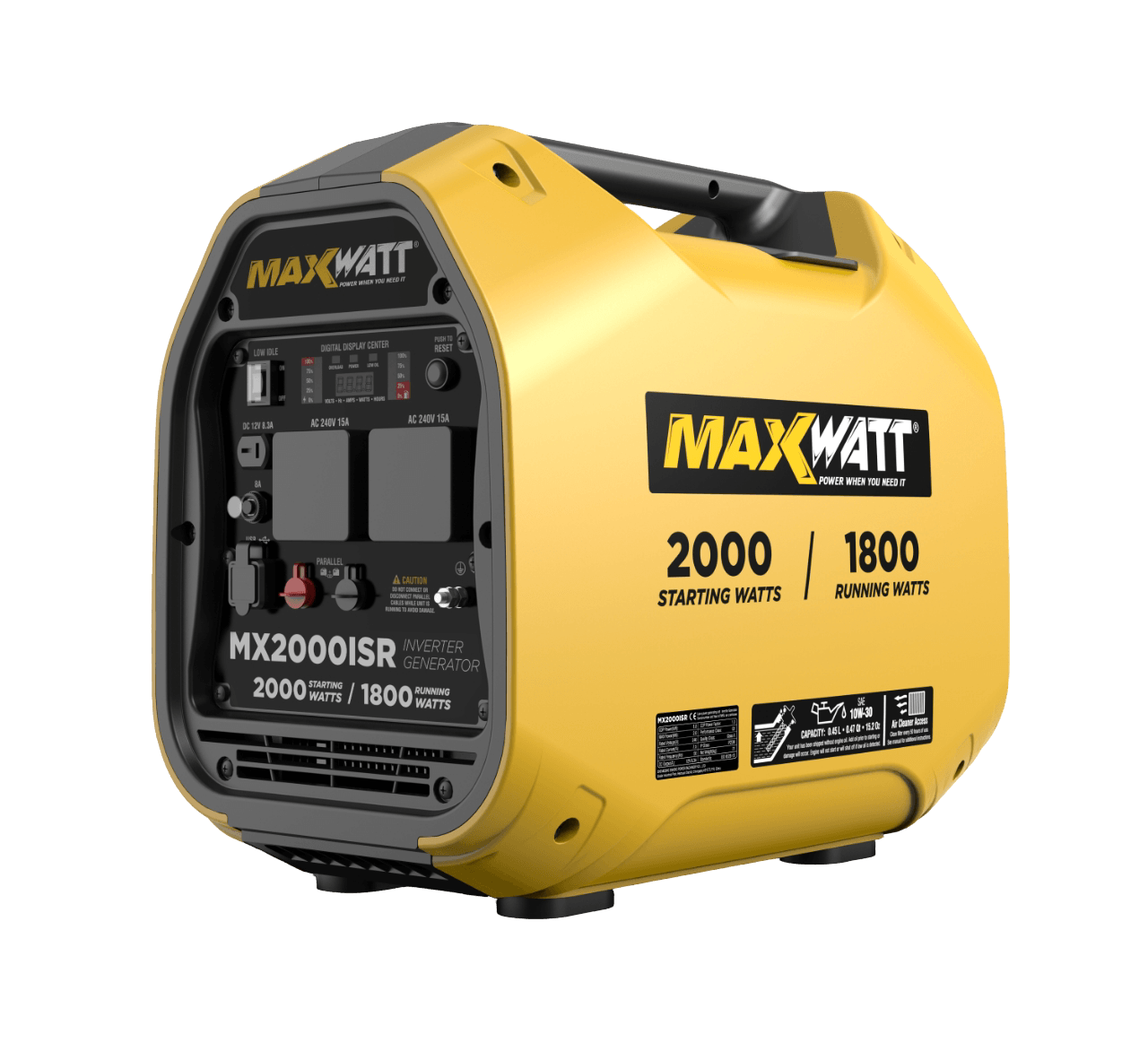 in the photo a Maxwatt 2000W Generator SIDE-FRONT on a transparent background