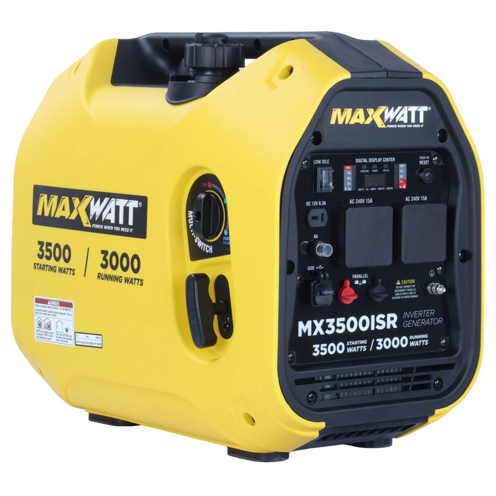 Maxwatt 3500W Electric Start Generator Main Photo yellow on a white backkgrounf