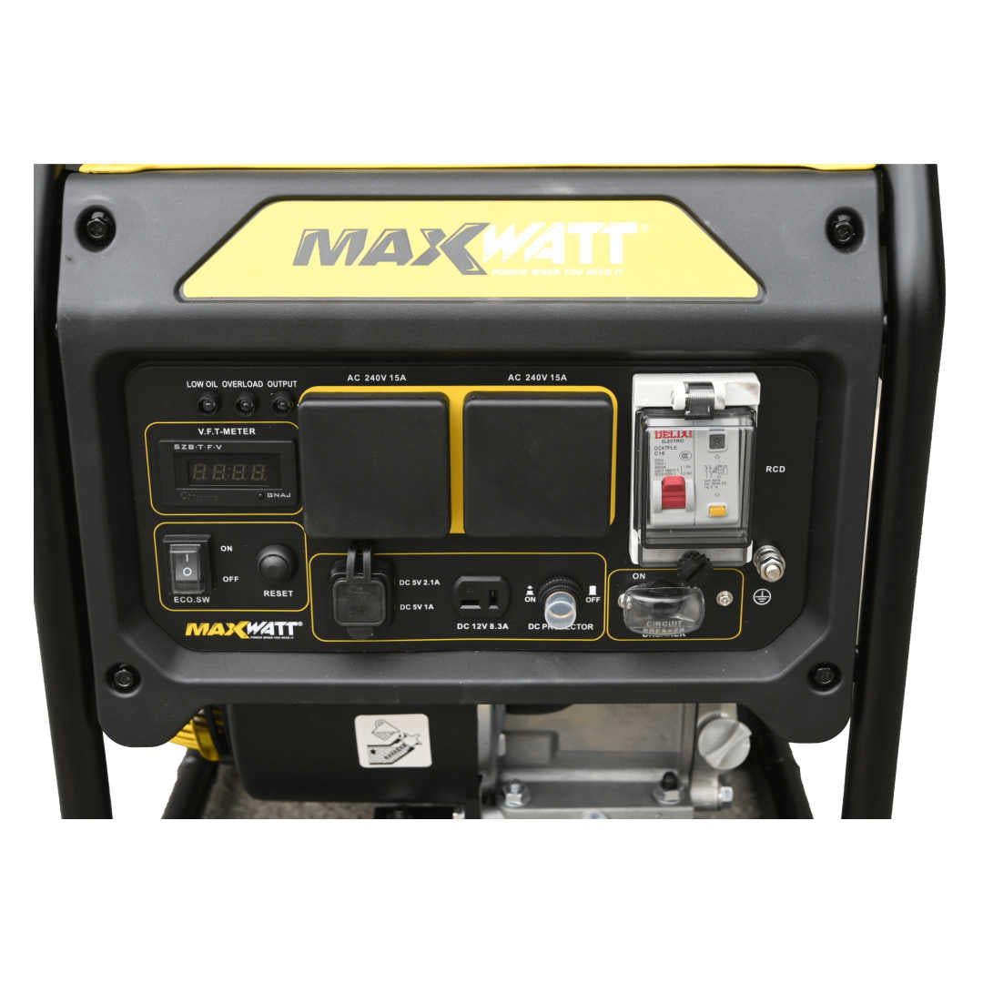 Maxwatt 4000W Portable Open Frame Inverter Generator controls zoomed in on a white background