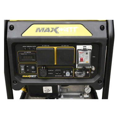 Maxwatt 4000W Portable Open Frame Inverter Generator controls zoomed in on a white background