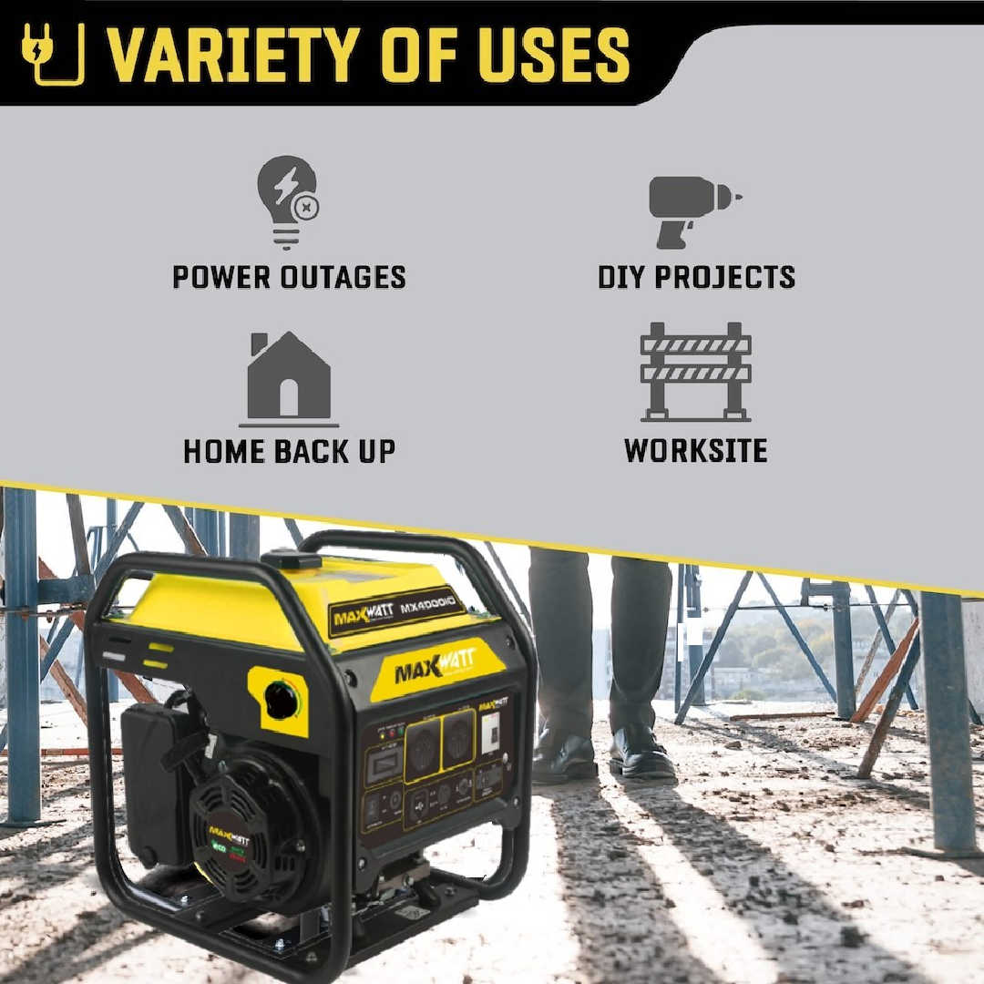 Maxwatt 4 kVA Inverter Generator variety of uses infographic