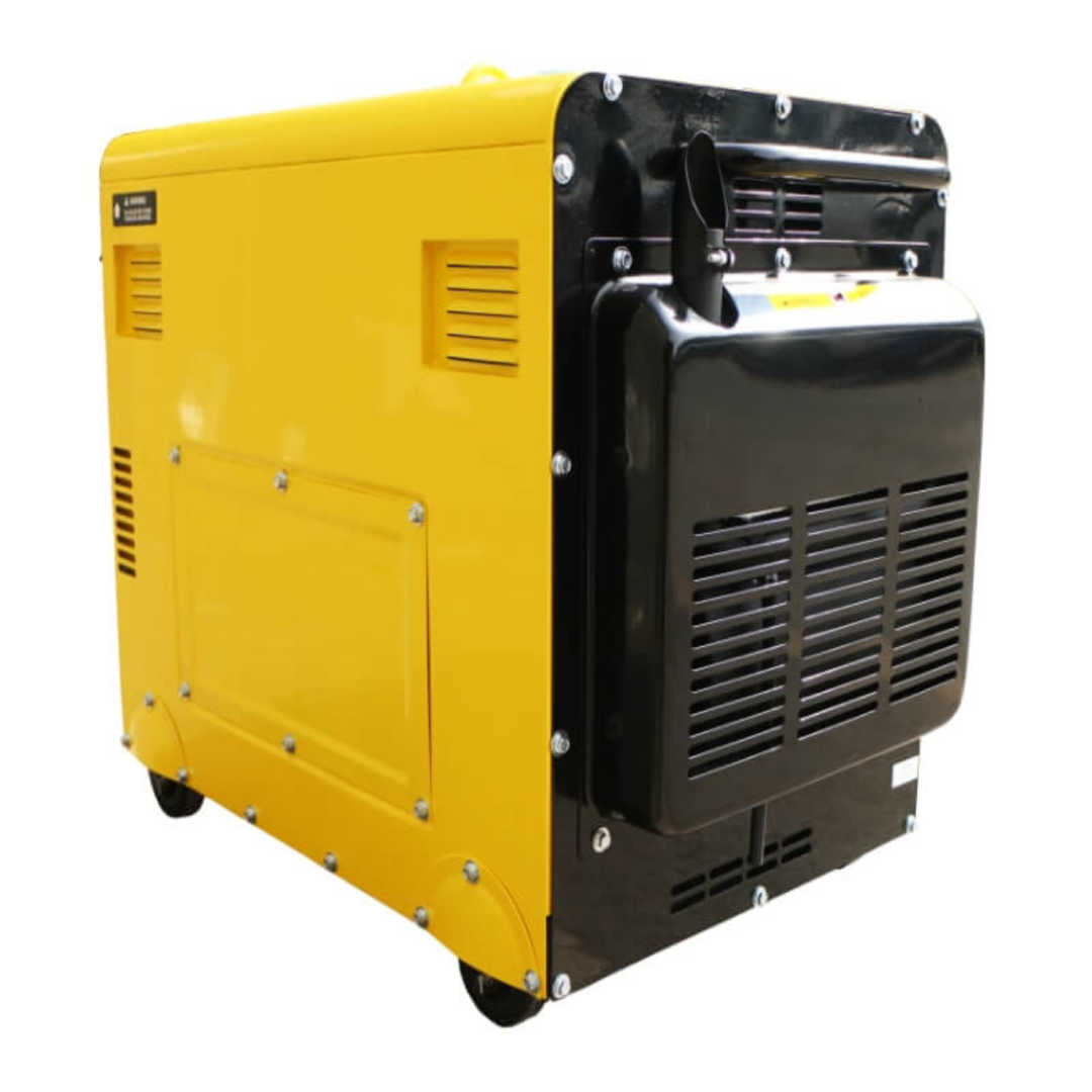 a yellow Maxwatt 5000W Auto Start Diesel Generator angled to the left on a white background