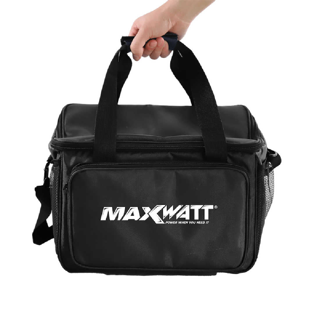 Maxwatt 600W Portable Power Station with a hand on the photo on a white background