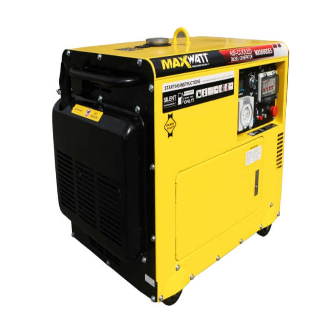 Maxwatt 6 kVA Electric Start Diesel Generator top, back and side view on a white background