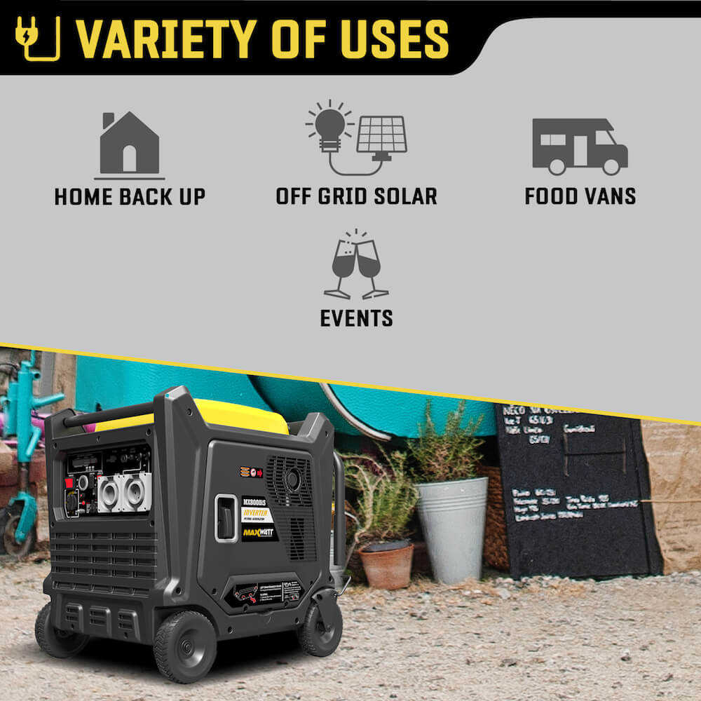 Maxwatt 8000W Generator variety of uses on an infograph