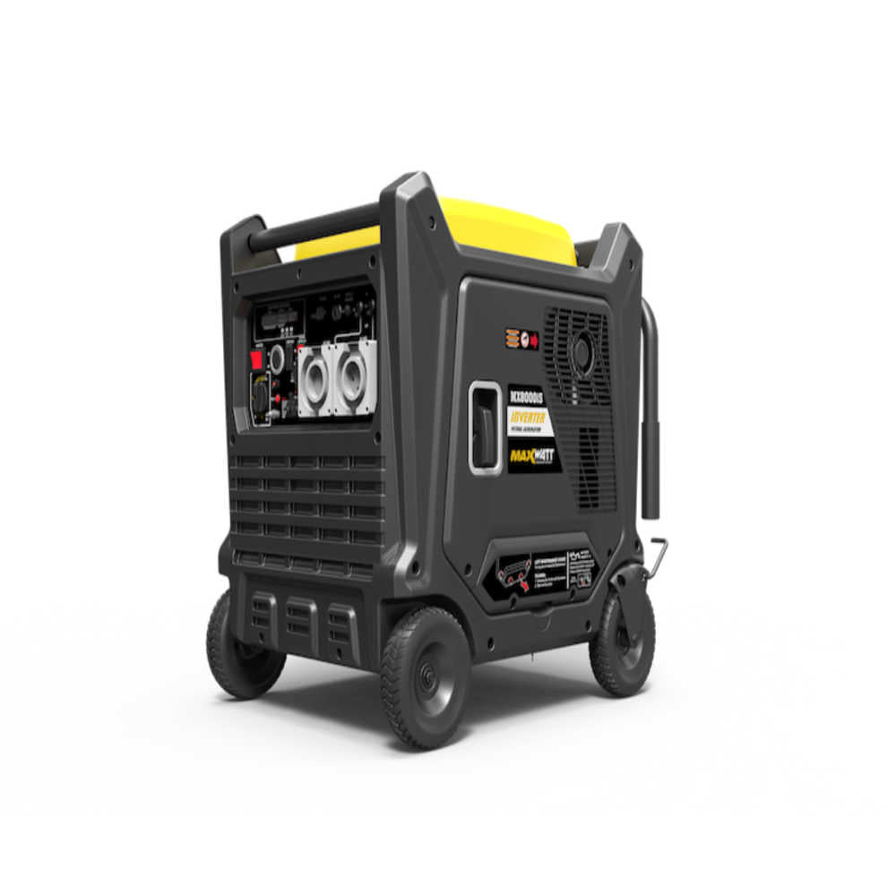 Maxwatt 8000W Portable Inverter Generator back slightly angled on a white background